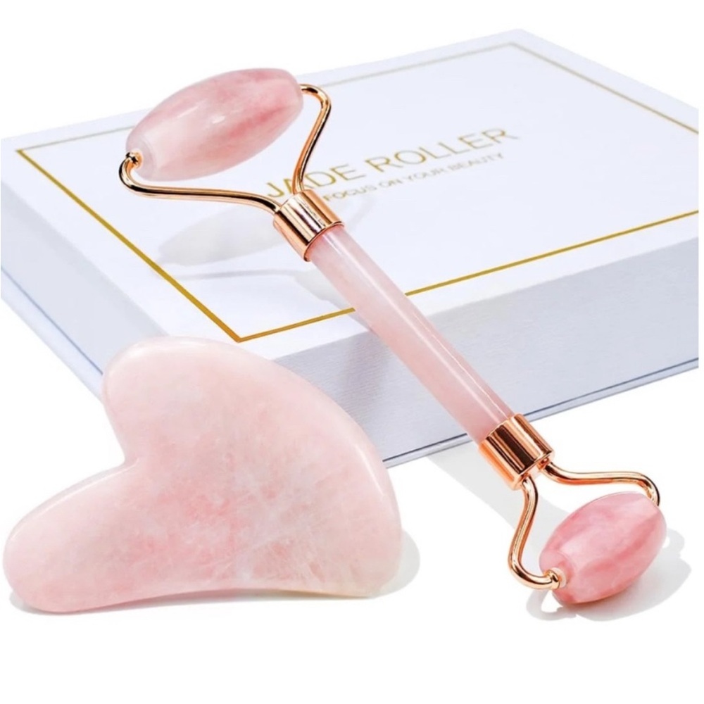 Pink Jade Roller and Gua Sha Set in Box Personal Facial Stone Massage Home Spa